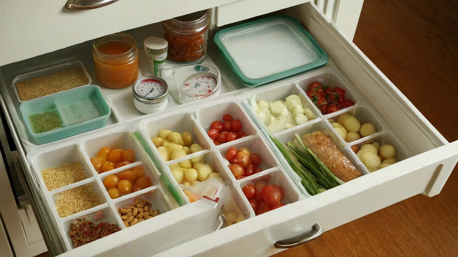 Freezer drawer with organized sealed food