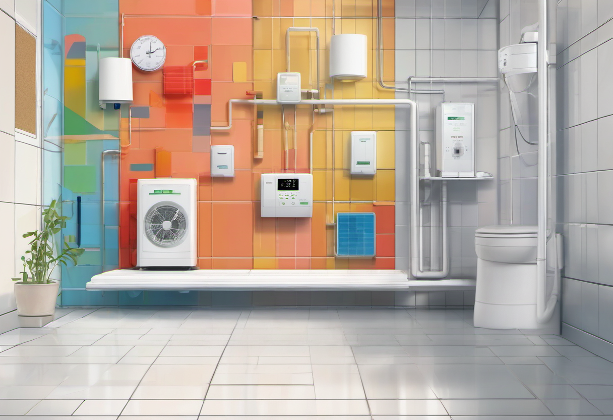 Heat pump thermostat and load shifting schedule shown as abstract blocks