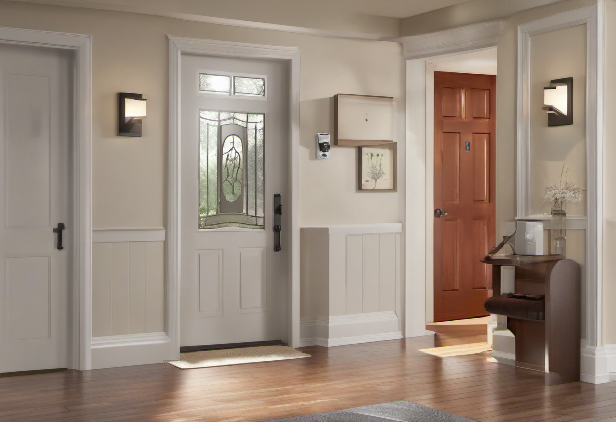 Illustration of a renter-friendly retrofit smart lock installation on the inside of a door with tools and preserved exterior key cylinder, no text