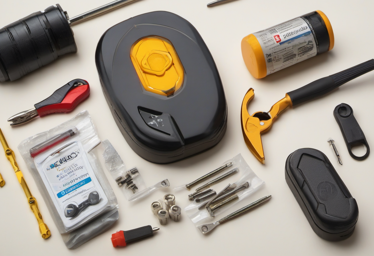 Illustration of smart-lock maintenance with batteries, key fallback, phone notification, and aligned deadbolt hardware, no text