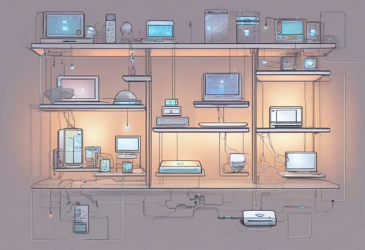 Illustration of a Thread mesh with a smart lock, border router, phone, and smart-home hub connected by soft signal lines, no text