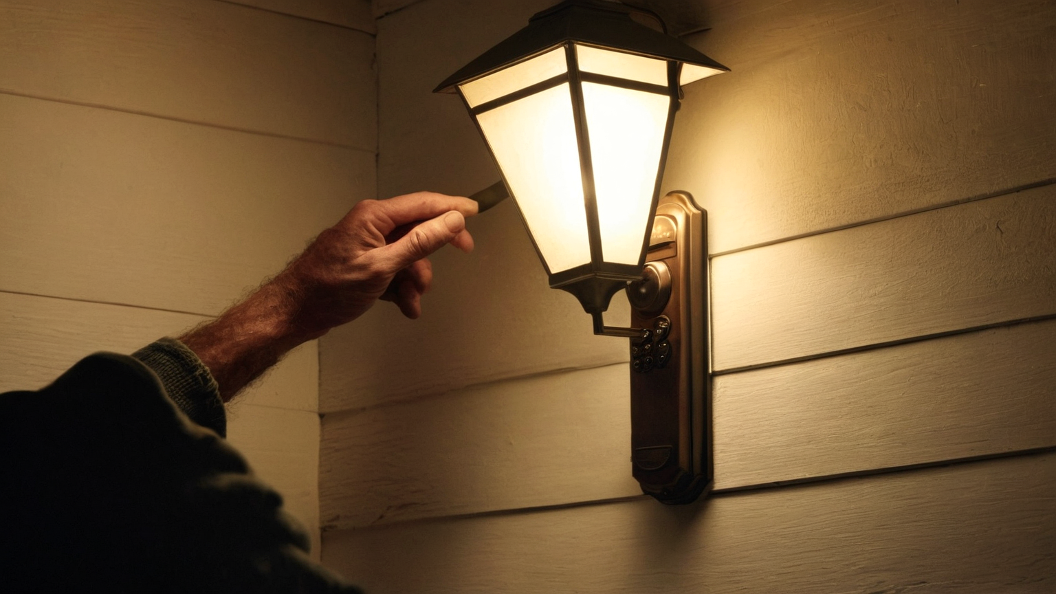 Shielded porch lighting at dusk