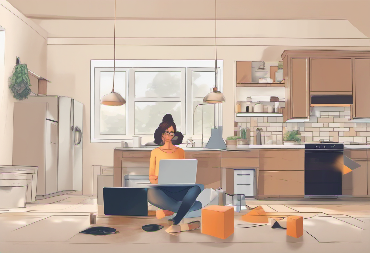Homeowner restoring a smart home backup from a laptop on a kitchen counter