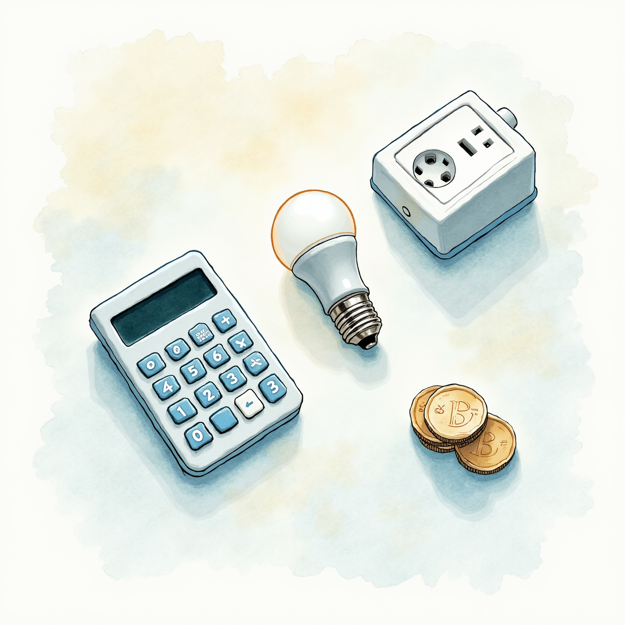 Calculator, stack of coins, LED bulb, and smart plug