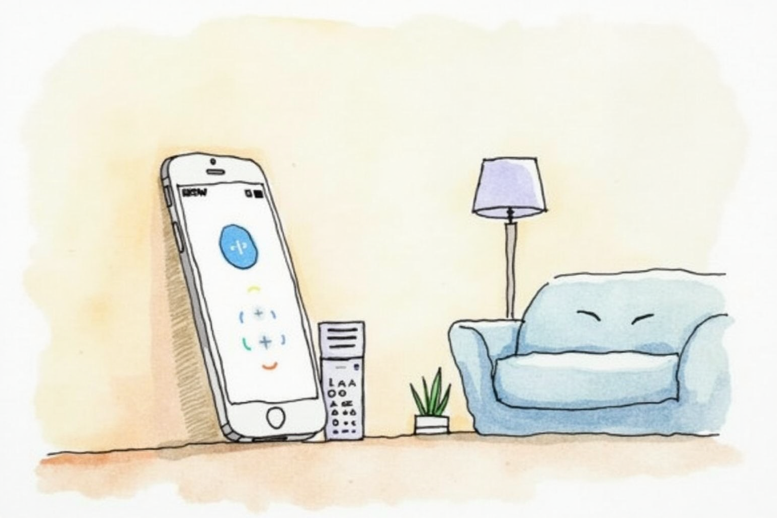 Smartphone showing simple home control interface beside lamps