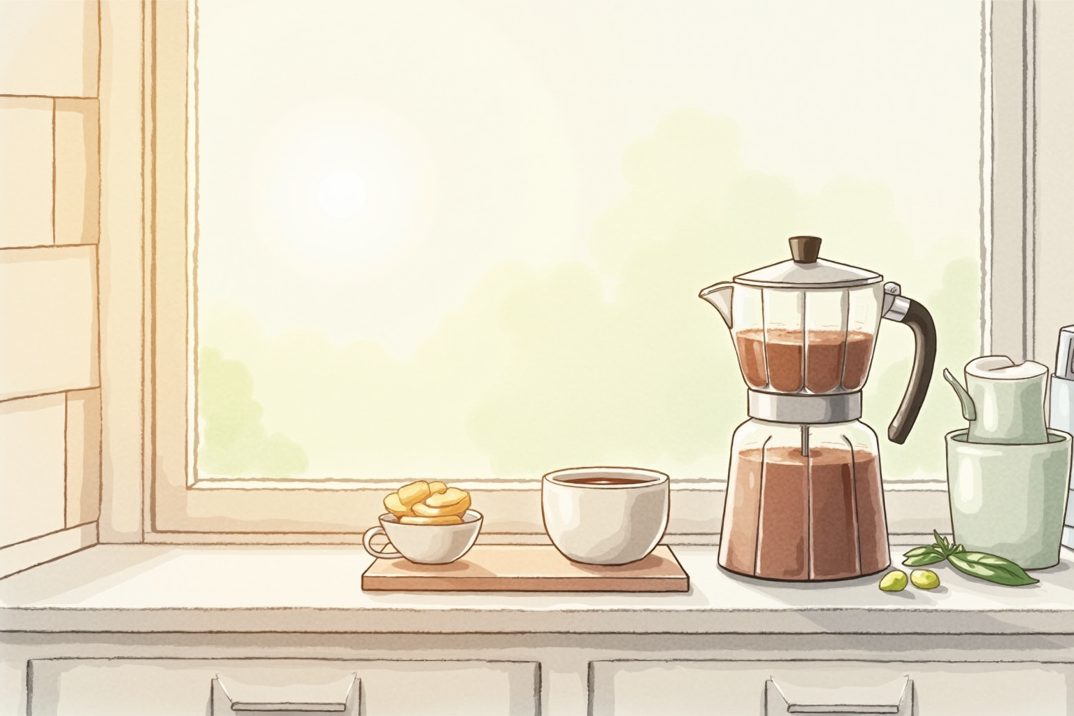 Coffee maker on a kitchen counter with morning sunlight