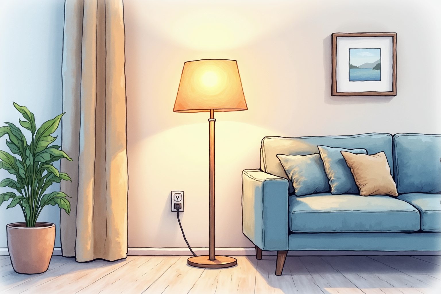 Cozy living room with floor lamp connected via smart plug