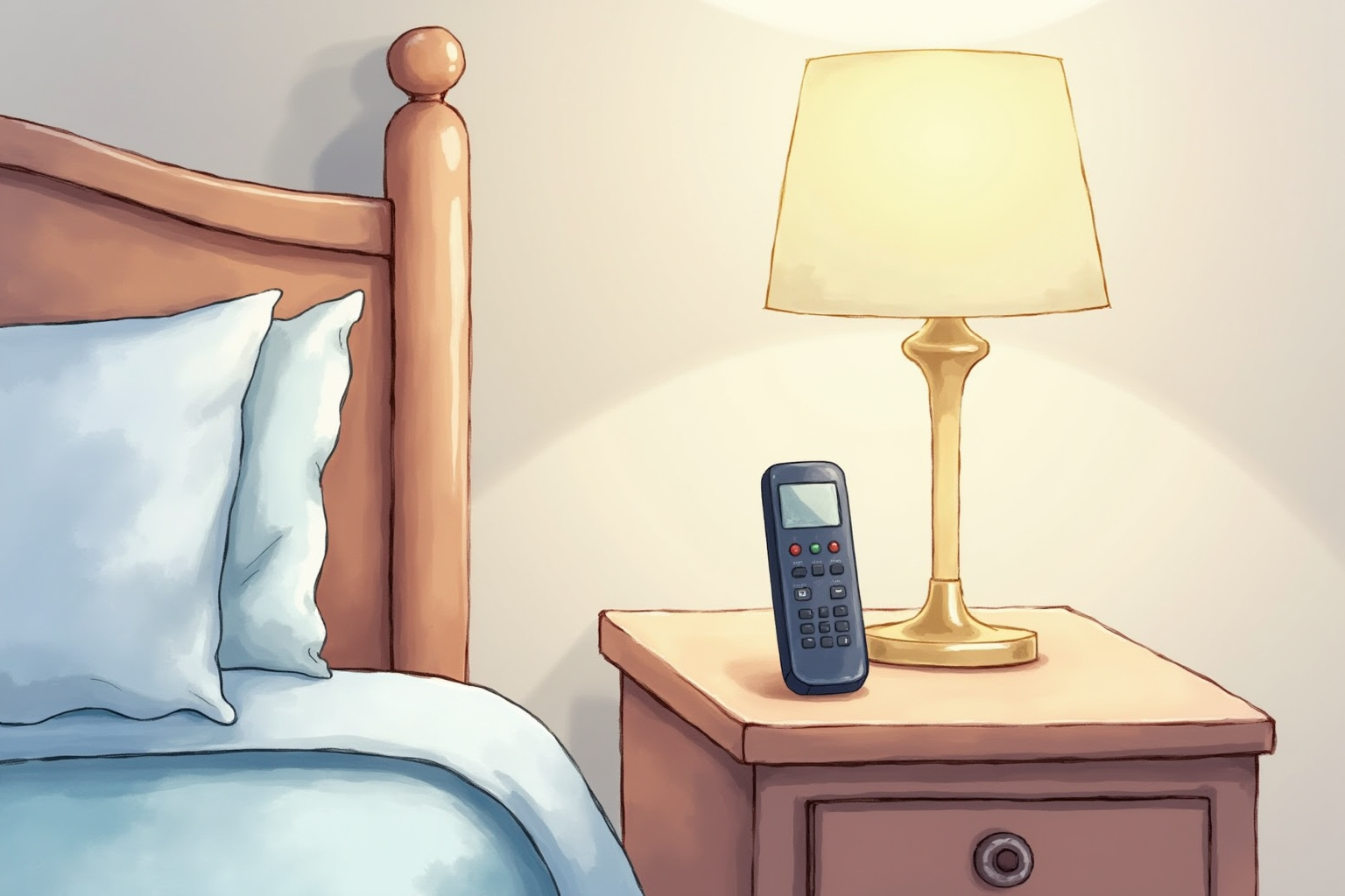 Small remote control device on a bedside table