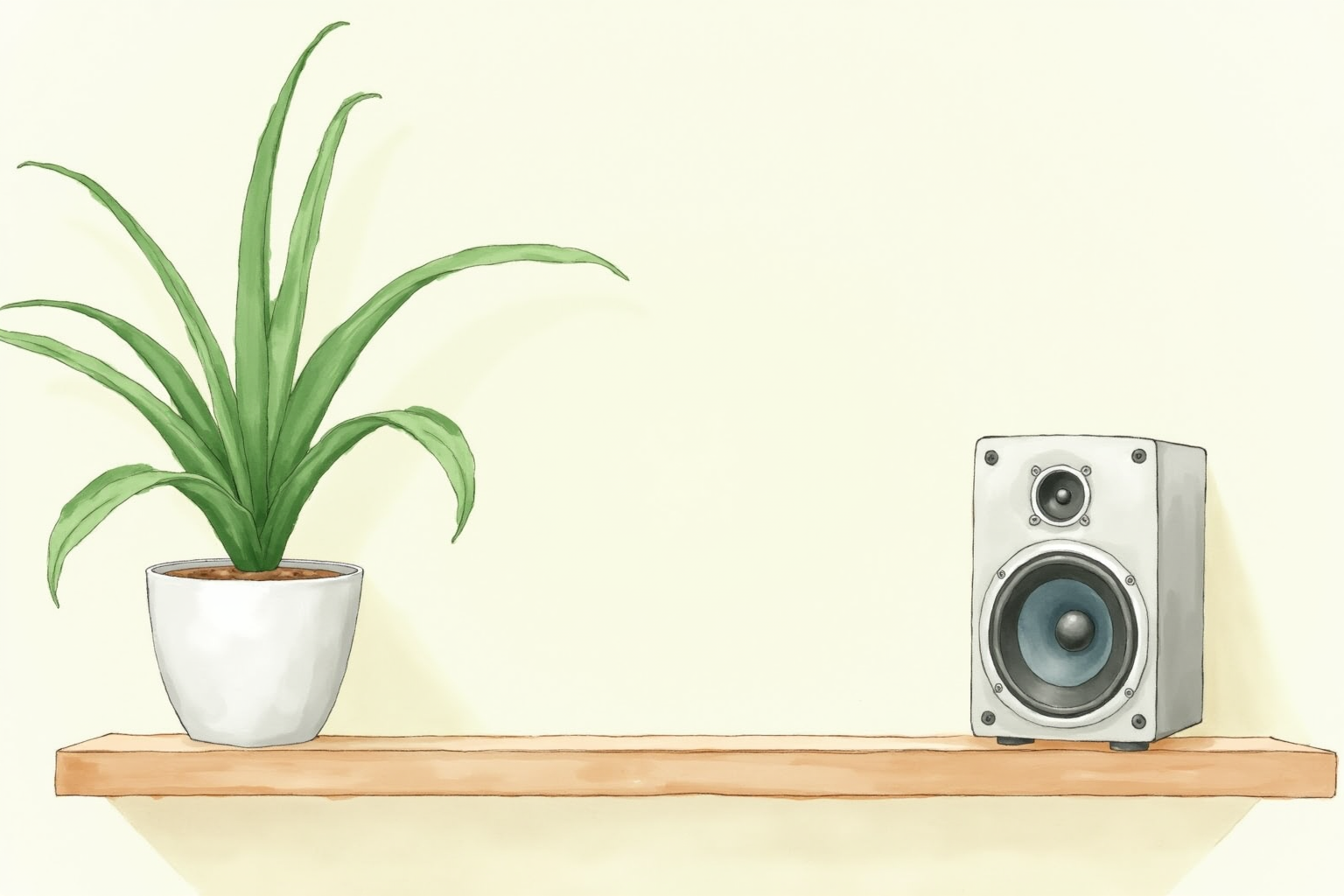 Small speaker beside a houseplant on a wooden shelf