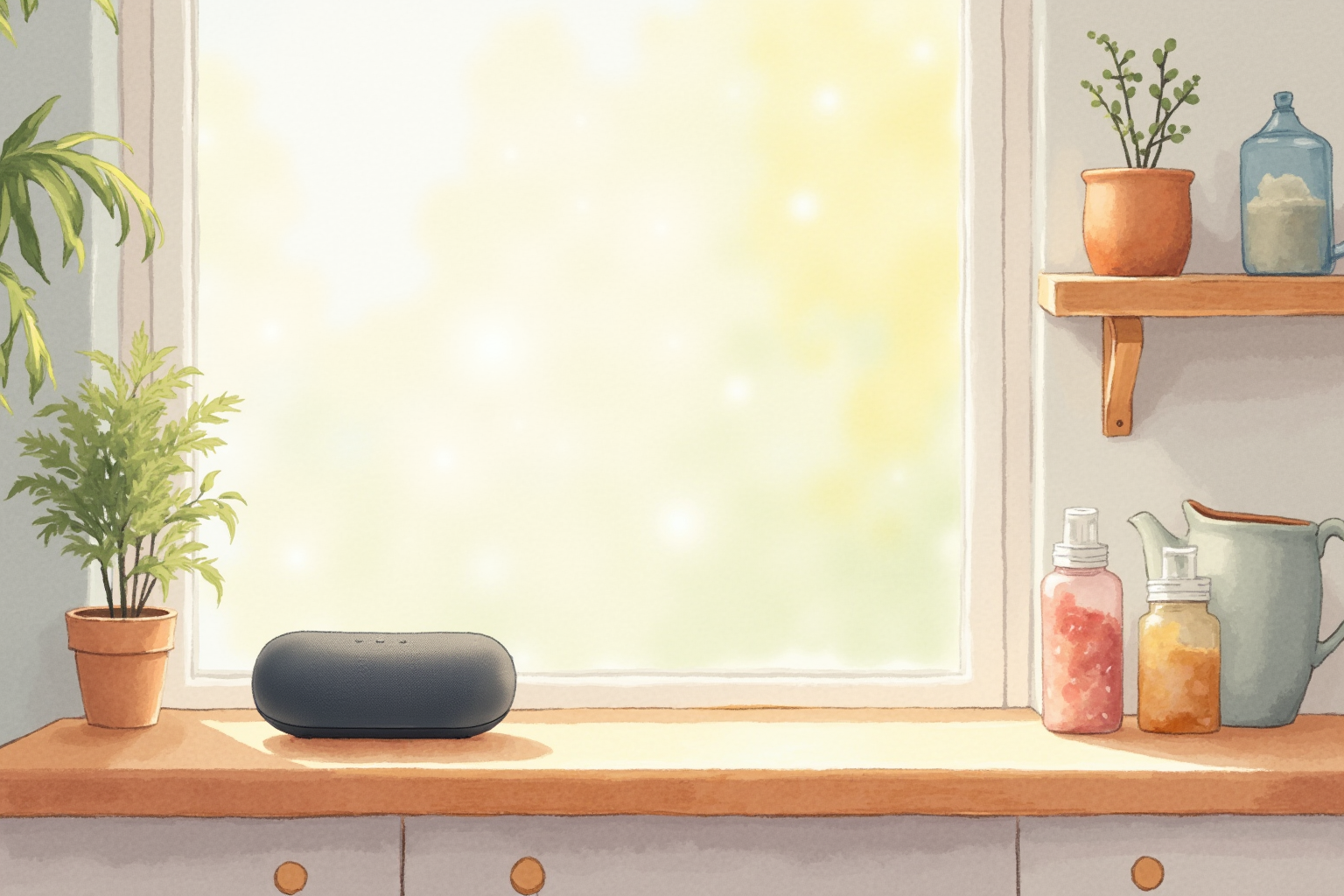 Peaceful kitchen with morning sunlight and a small smart speaker