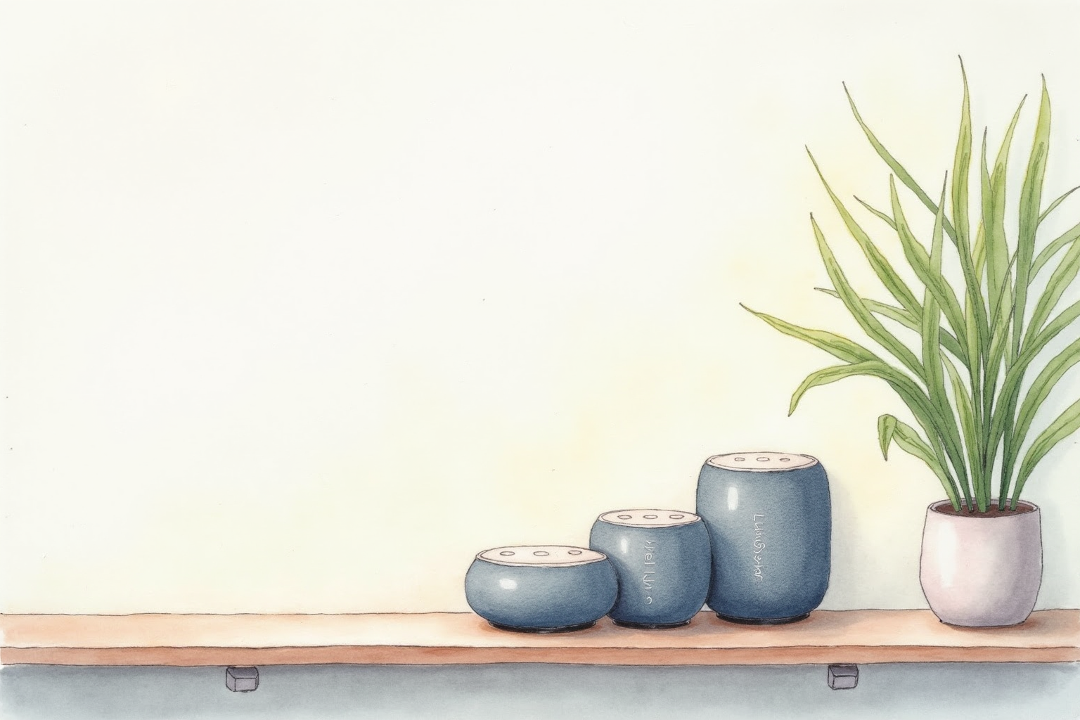 Three smart speakers of different sizes arranged on a living room shelf
