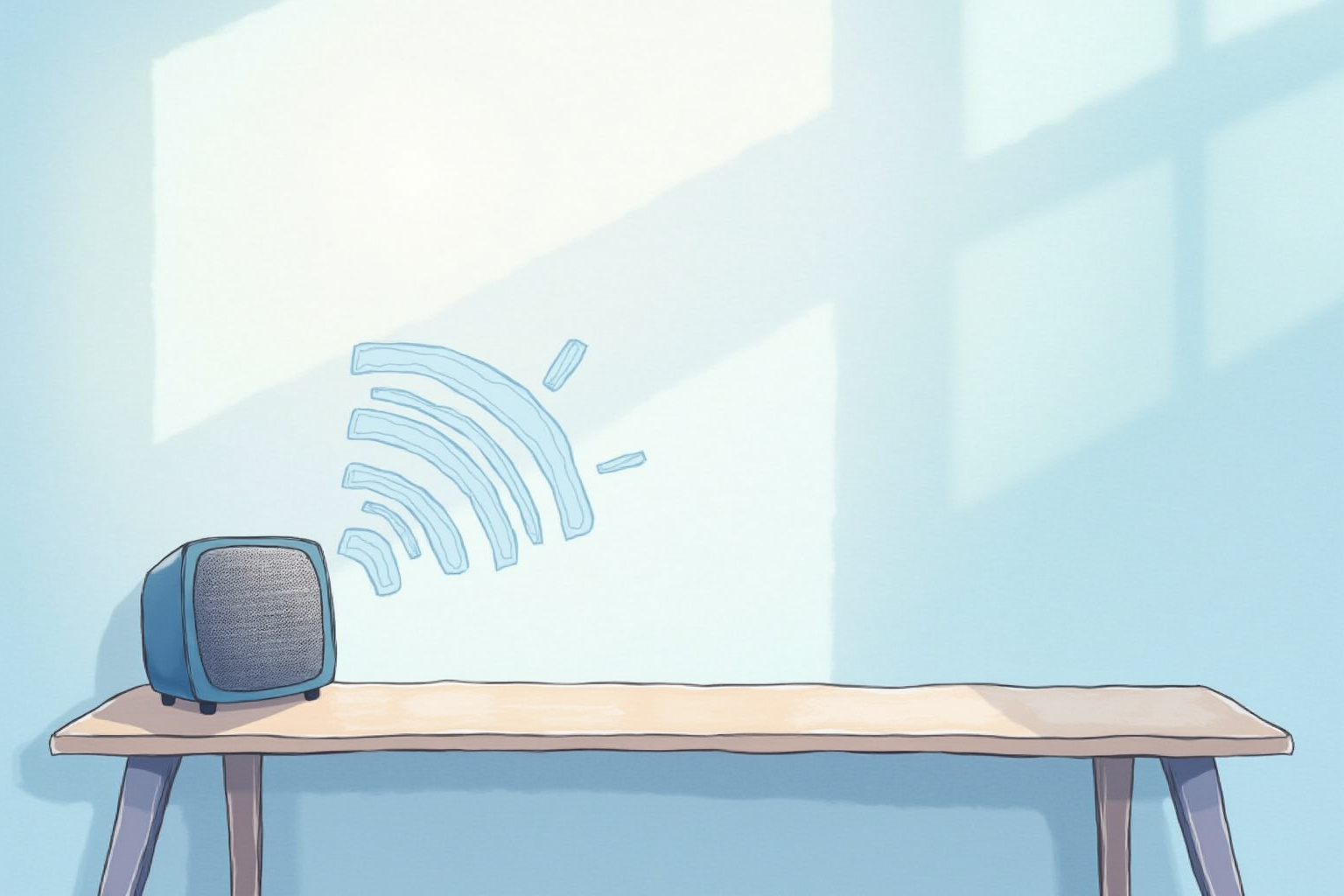 Subtle sound waves radiating gently from a small speaker on a desk