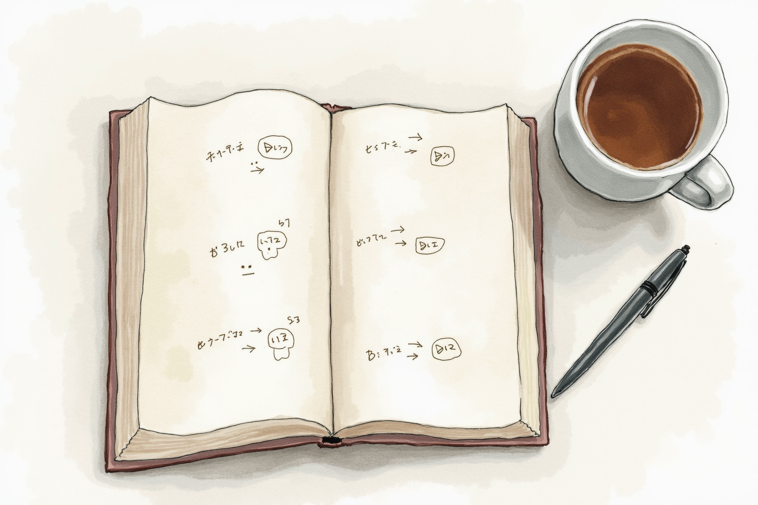 Open notebook with diagram sketches beside a coffee cup
