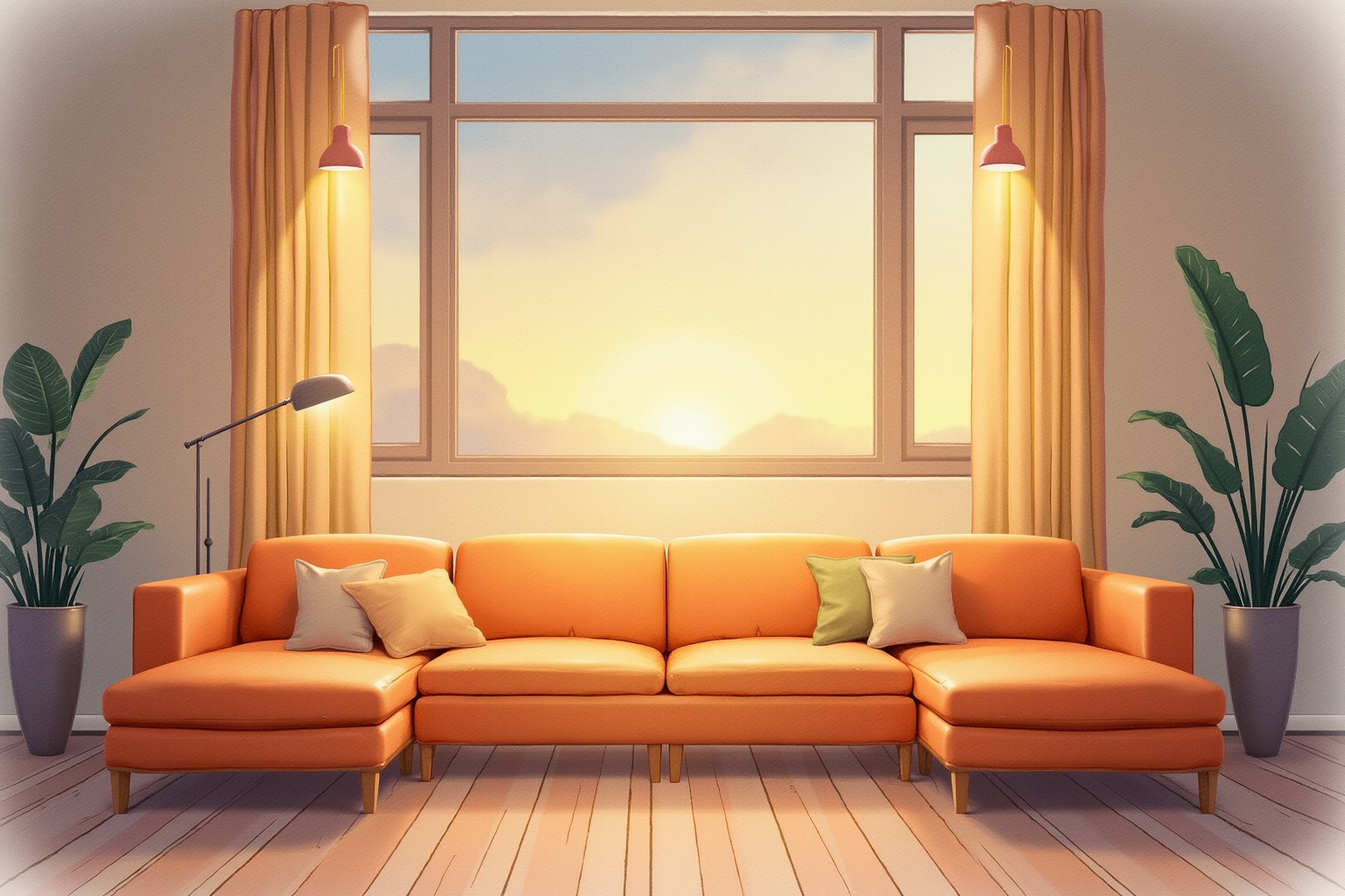 Peaceful living room at evening with multiple synchronized ambient lights