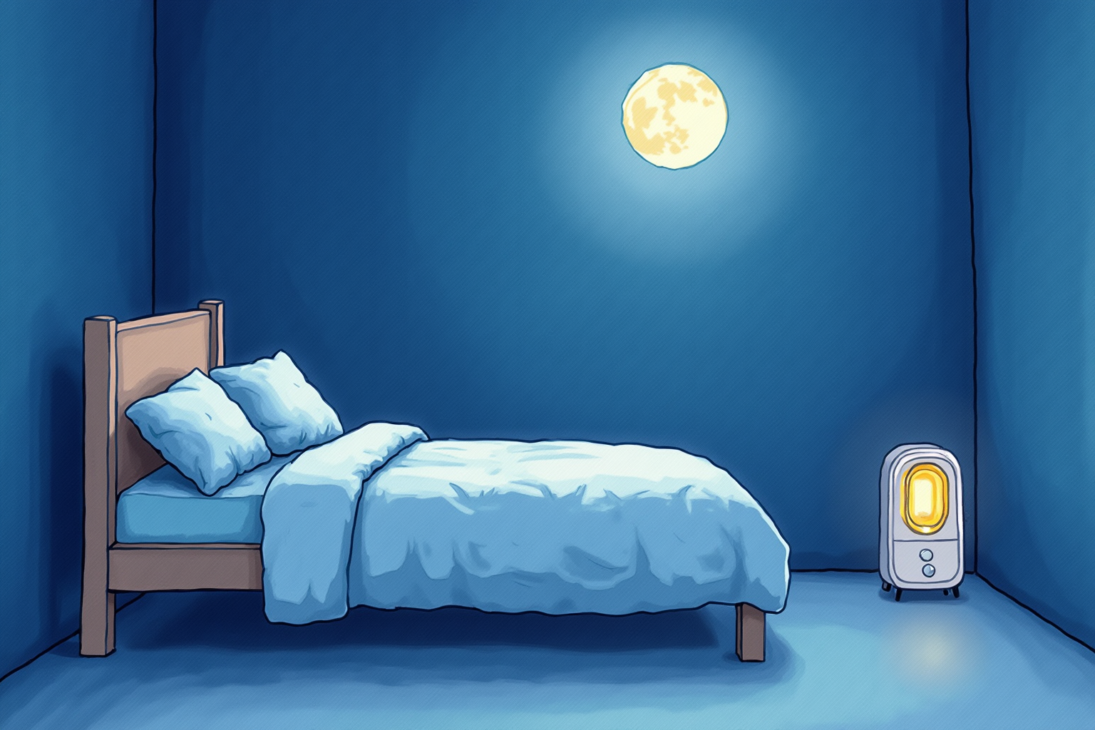 Peaceful bedroom at night with soft moonlight and a small air purifier