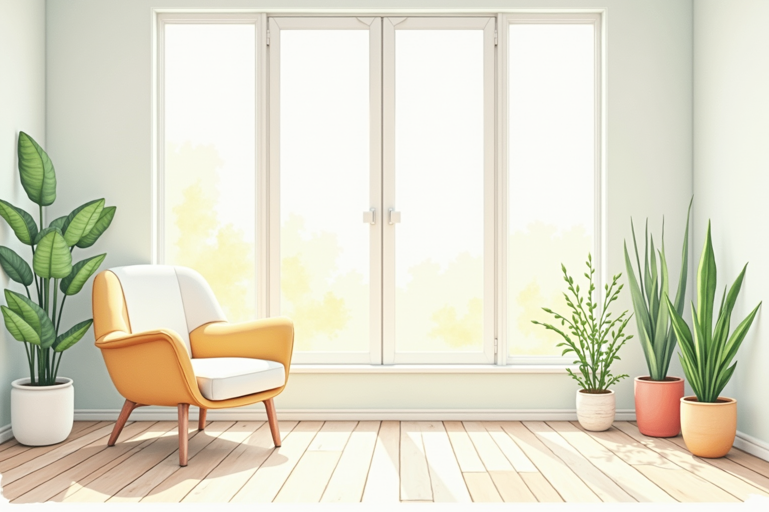 Sunlit living room with visible clean air and houseplants