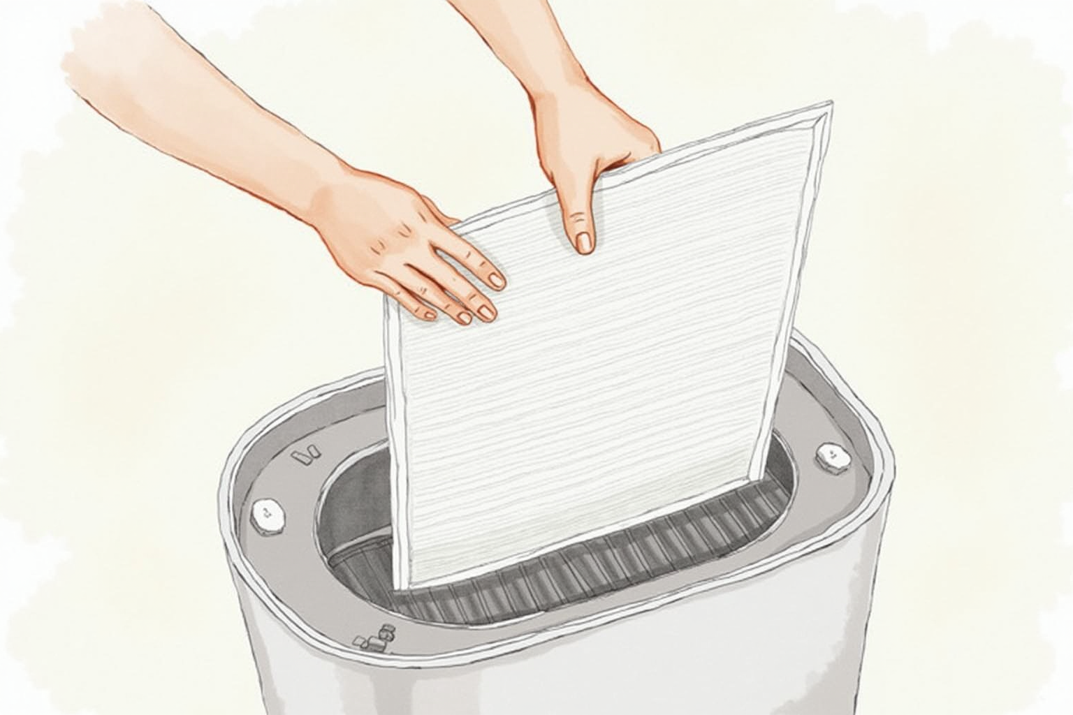 Hands gently replacing a filter inside an air purifier