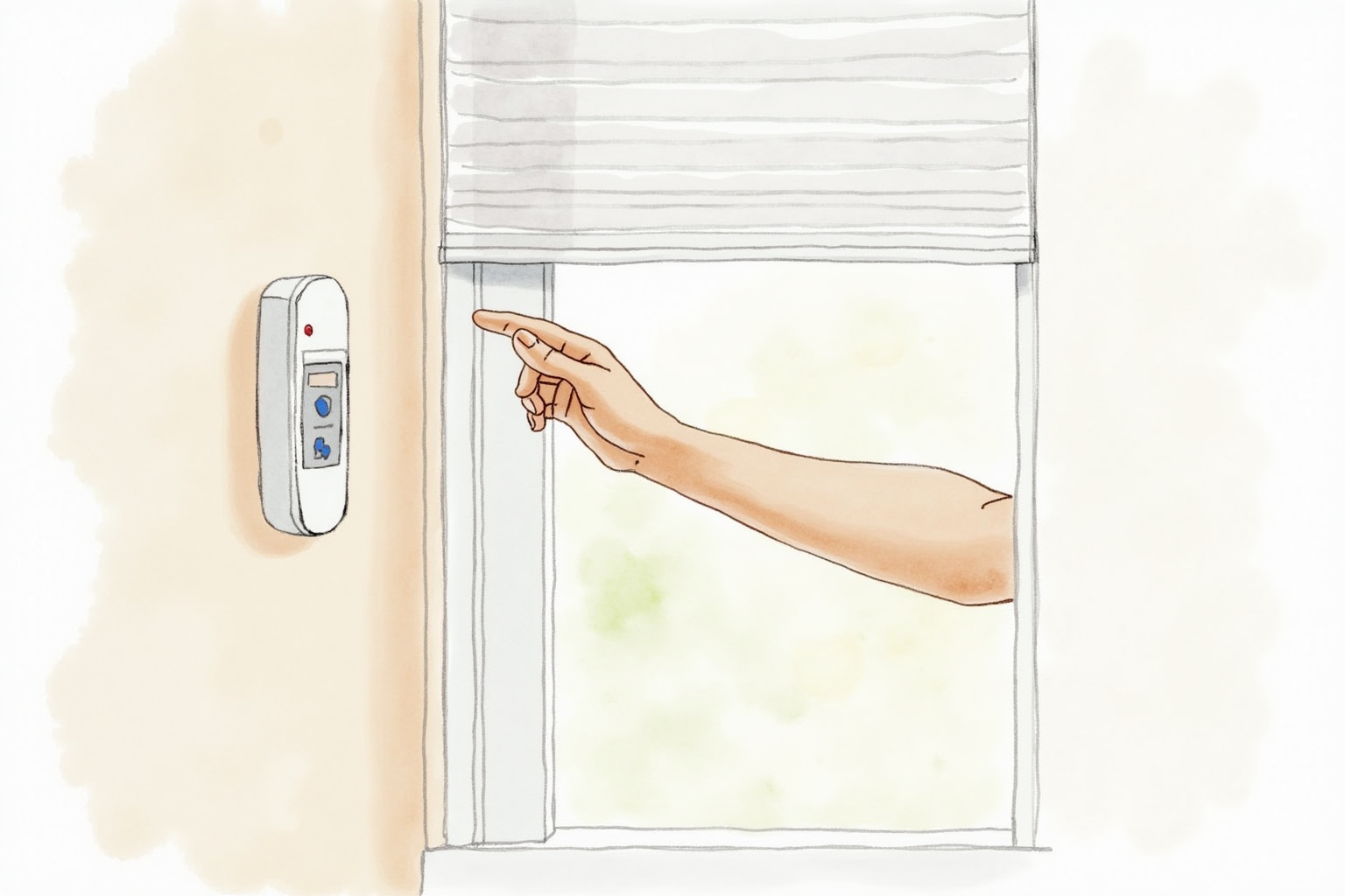 Hand reaching out to adjust shades via a small wall remote