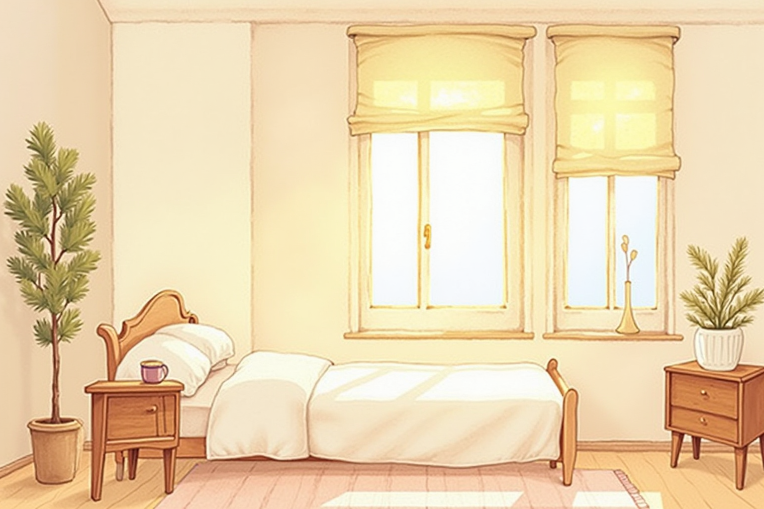 Bright morning bedroom as shades automatically rise revealing the sun