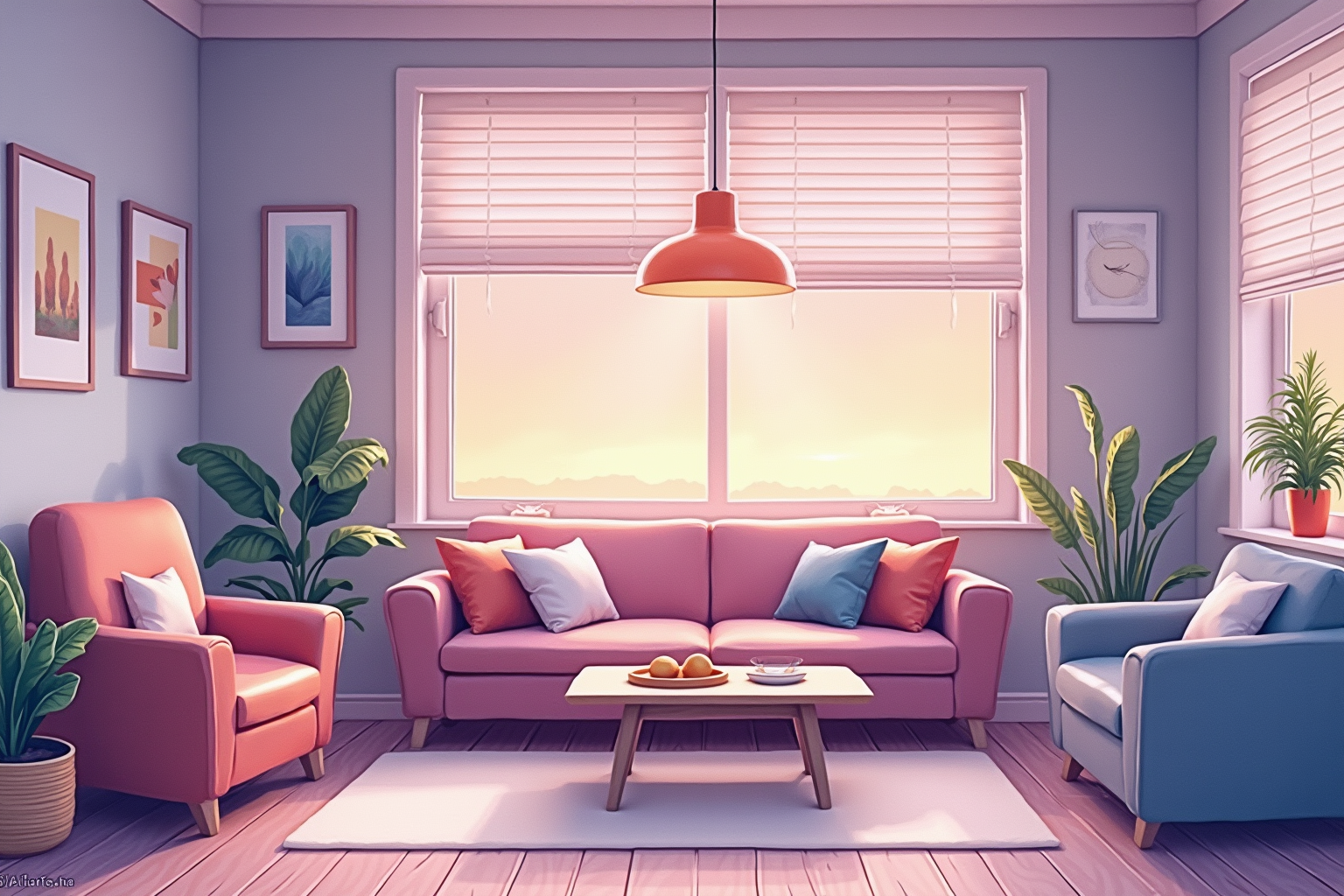 Cozy evening living room with shades lowering at dusk