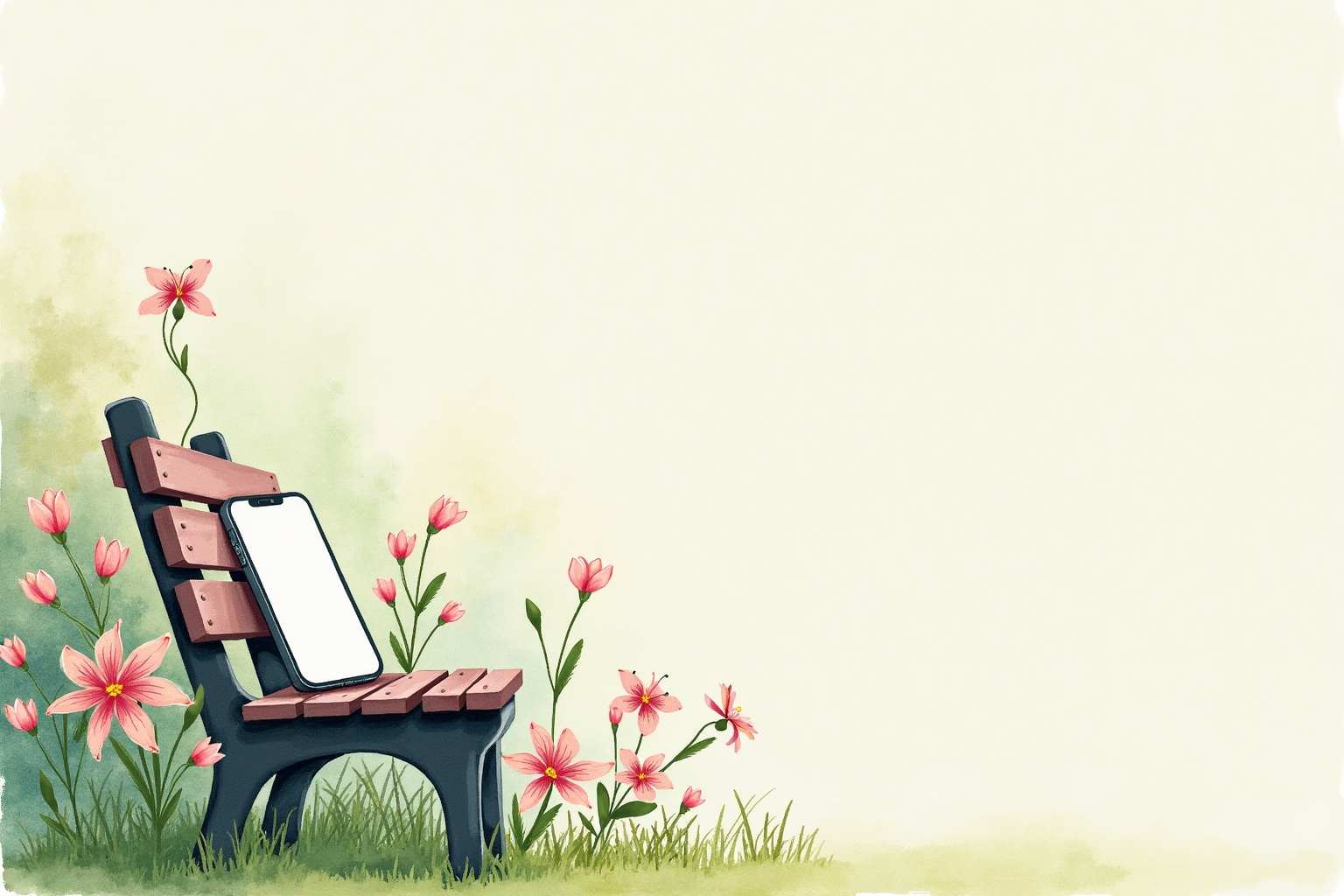 Smartphone resting on a garden bench beside flowers