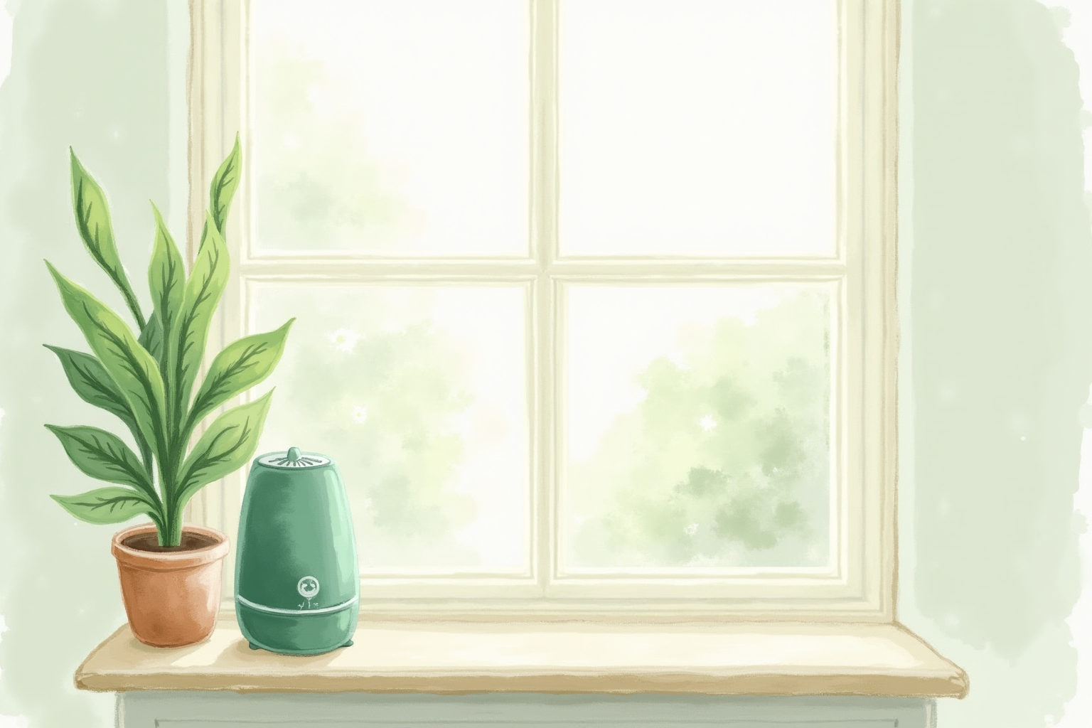 Houseplant beside a humidifier on a window sill