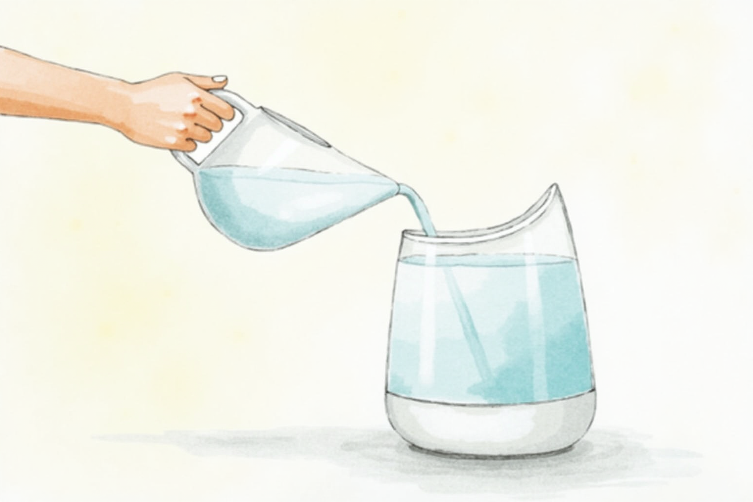 Hand pouring water from a pitcher into a humidifier tank