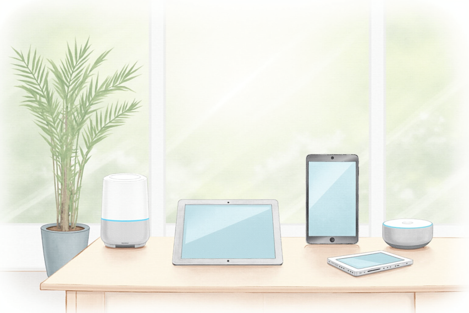 Multiple connected smart home devices arranged on a clean table