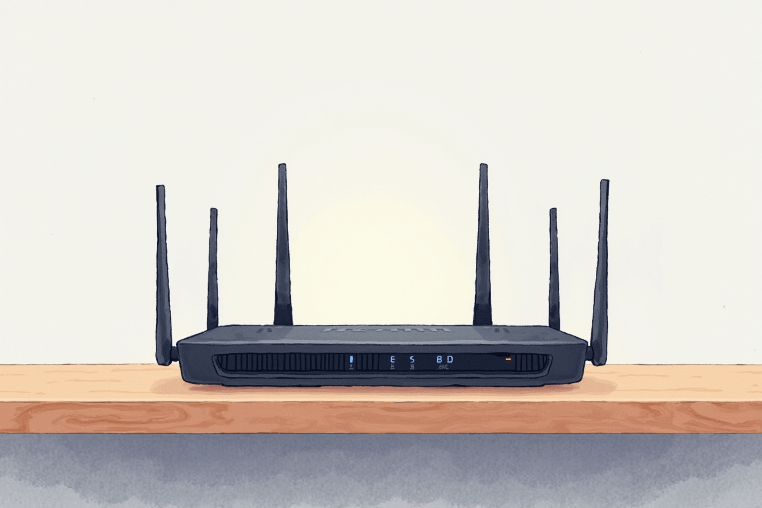 Sleek modern router with subtle ambient light on a wooden shelf