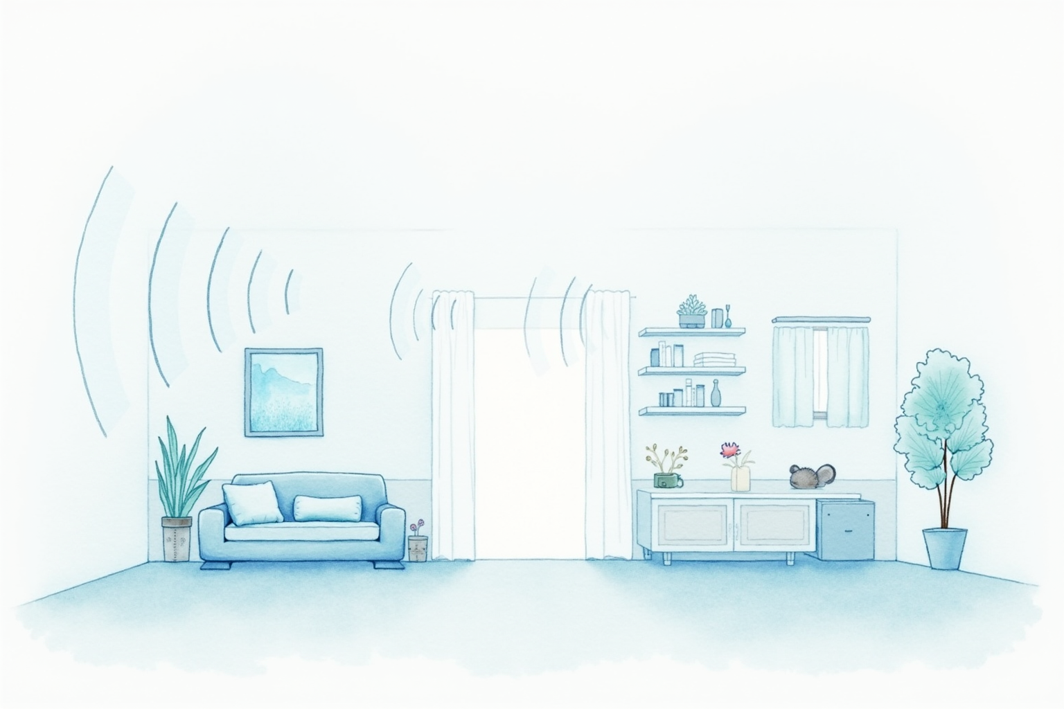 Subtle wireless signal waves flowing between rooms of a home