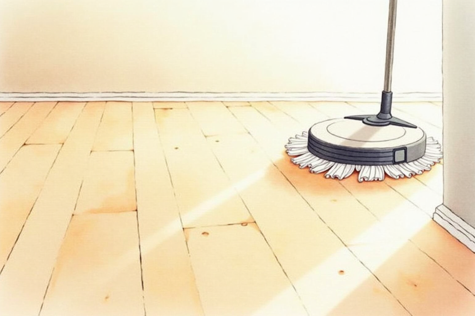 Clean hardwood floor with a robot mop in the corner