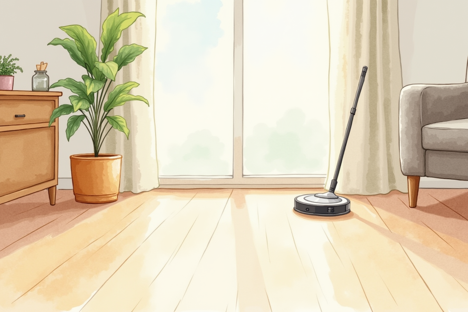 Clean living room floor with a small robot mop in the background