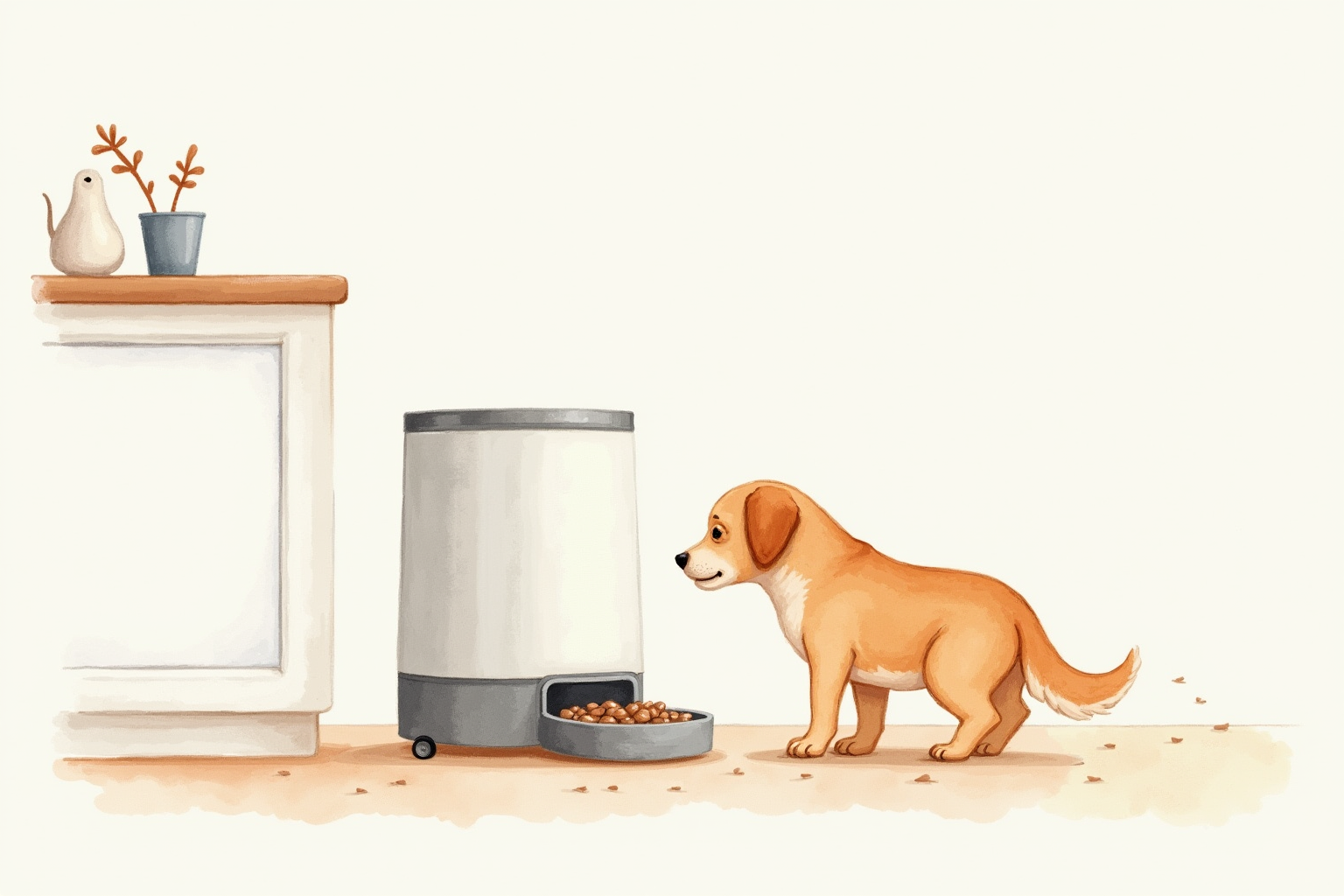 Dog beside a clean automatic feeder in a peaceful kitchen corner