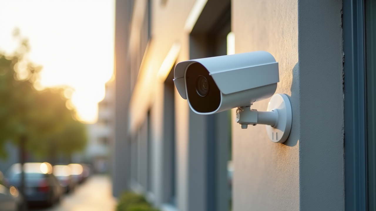 Watercolor illustration of a small abstract camera shape mounted on a corner of a building wall, painted on cream paper, no text, soft earth tones