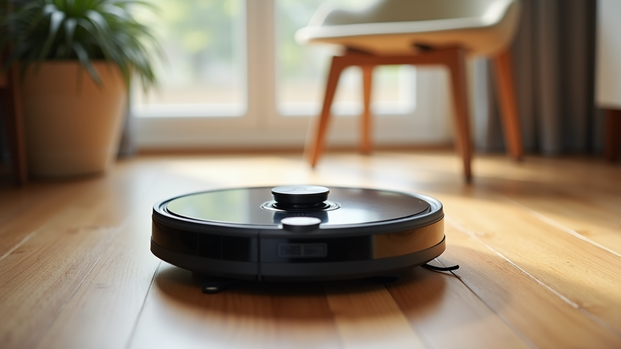 Watercolor illustration of a small abstract round robot vacuum shape on a wooden floor surface, top-down view on cream paper, no text, soft earth tones