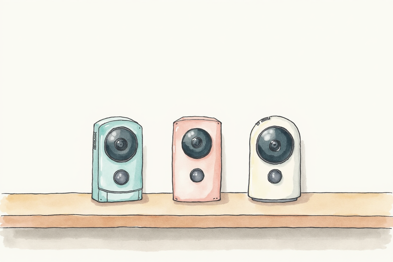 Three different doorbell camera models side by side on a wooden shelf