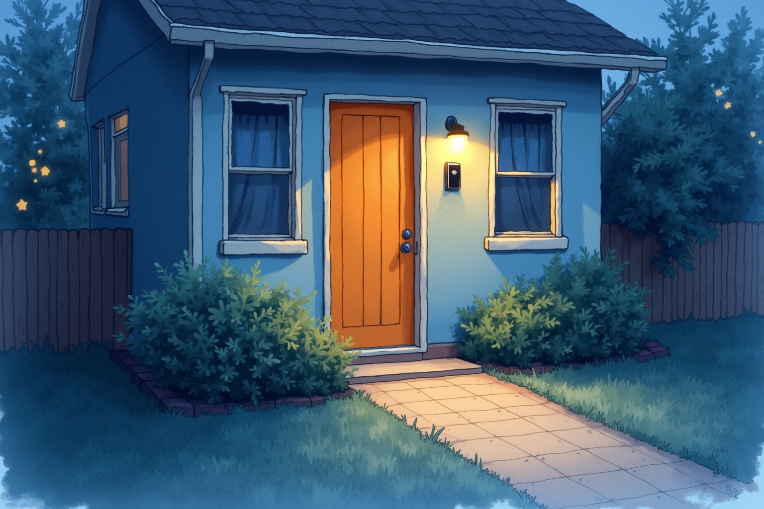 Smart doorbell at night with soft warm porch light
