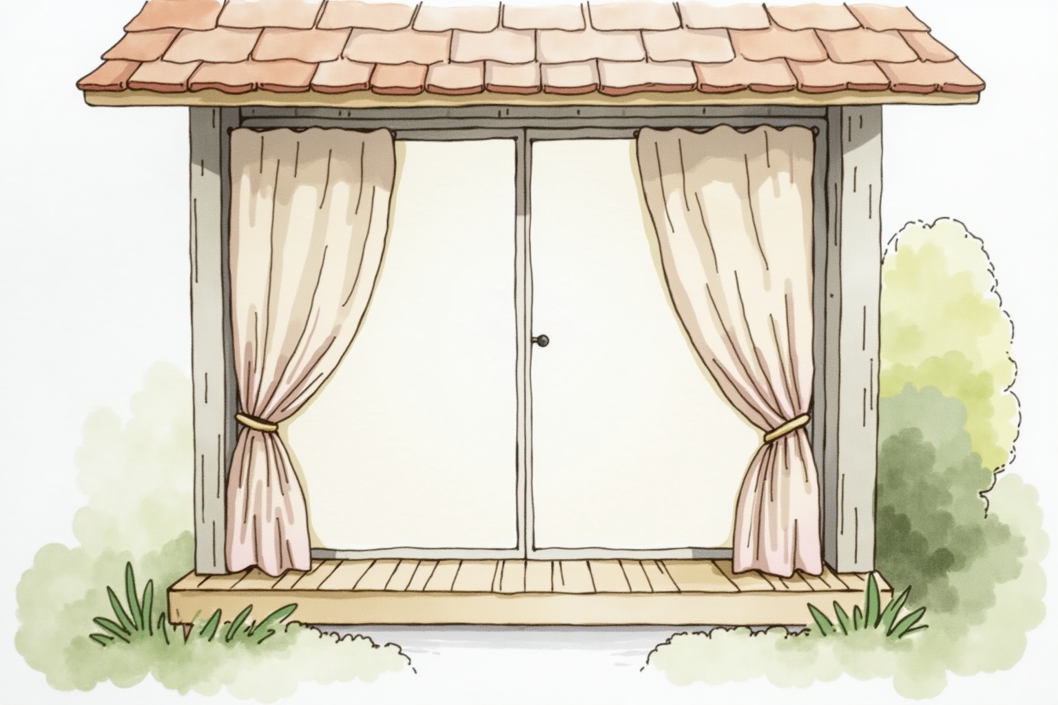 Quiet residential porch with privacy curtains drawn