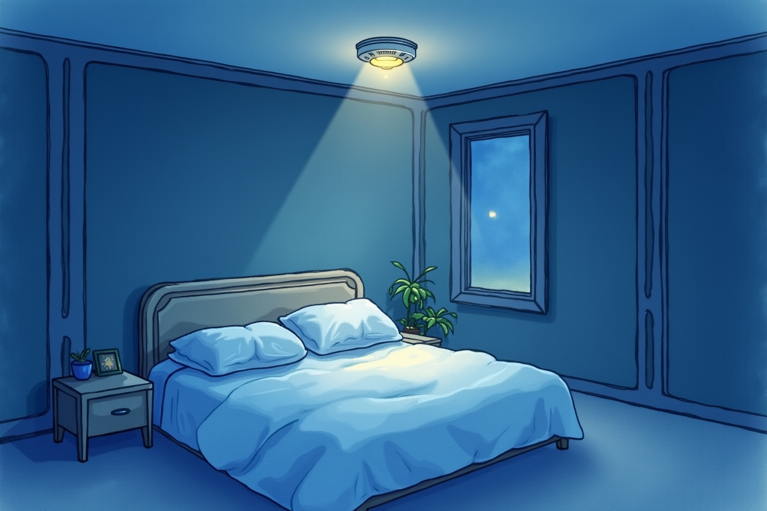 Sleeping bedroom at night with smoke detector indicator