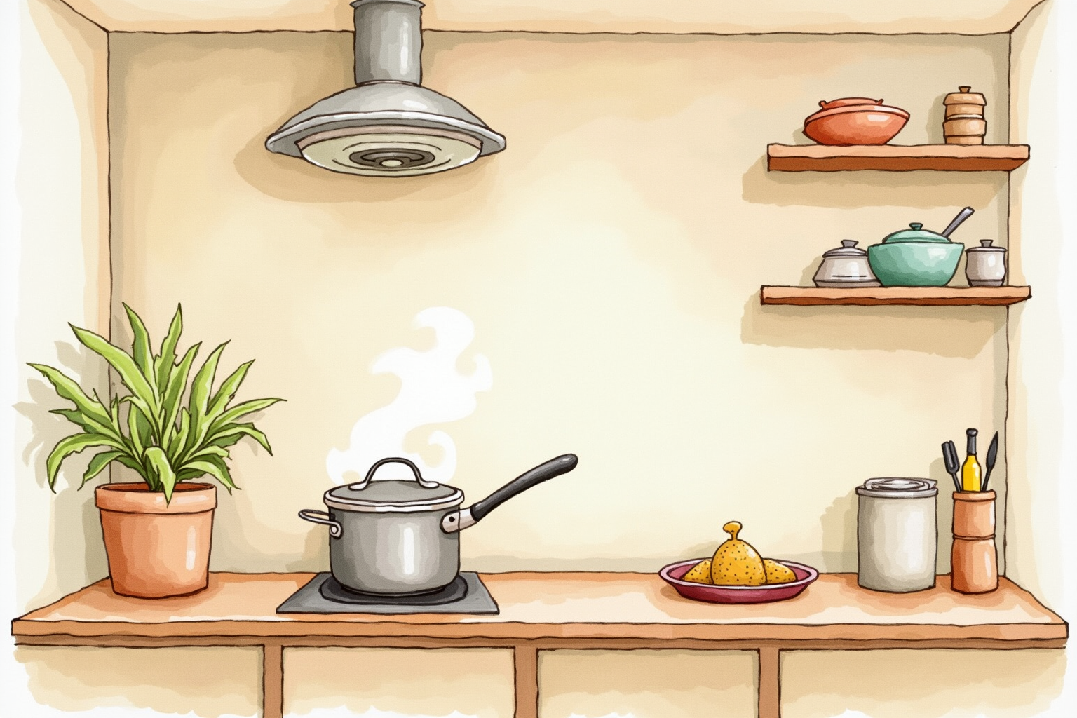 Cozy kitchen with a smoke detector on the ceiling