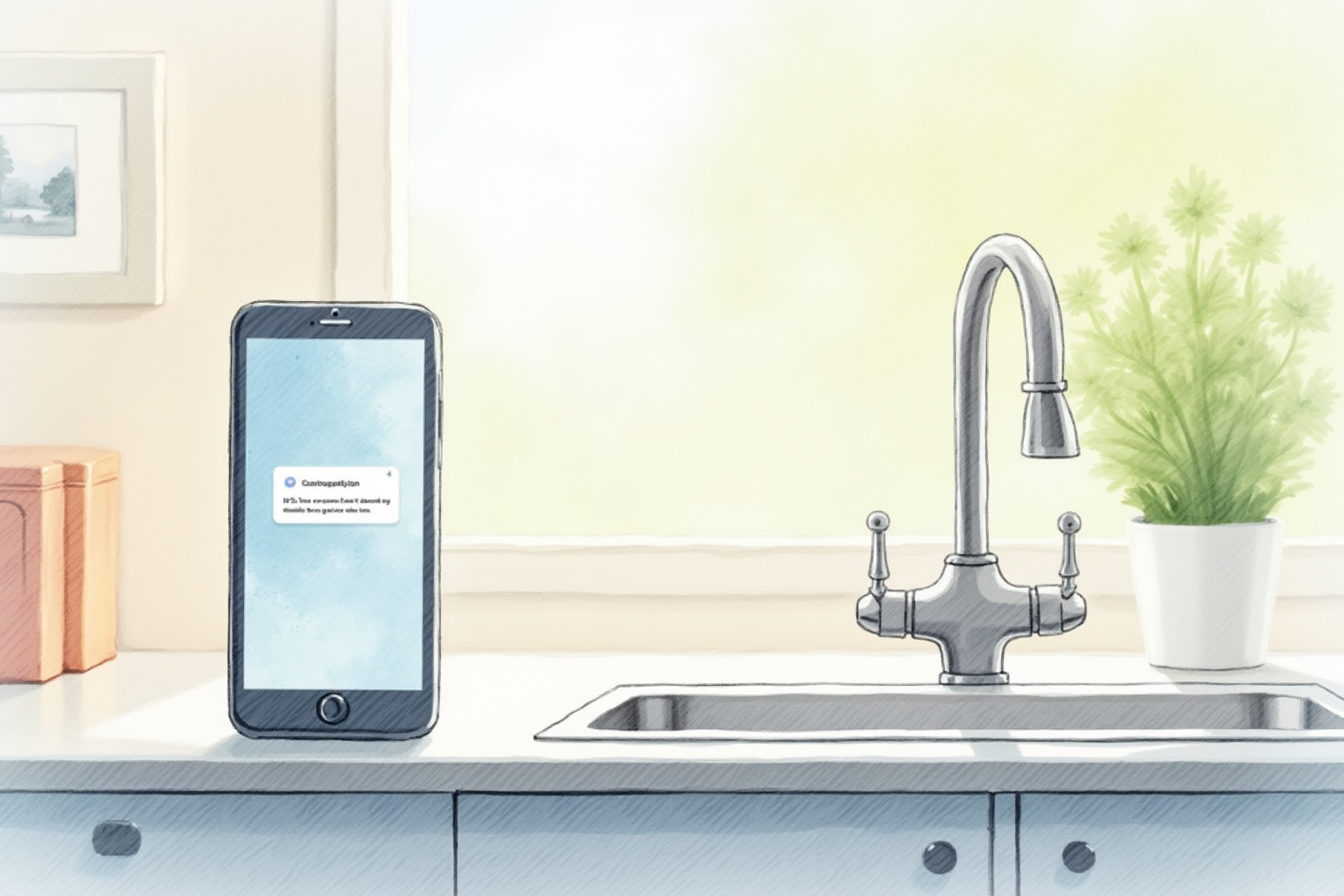 Smartphone showing a calm notification interface beside a kitchen sink