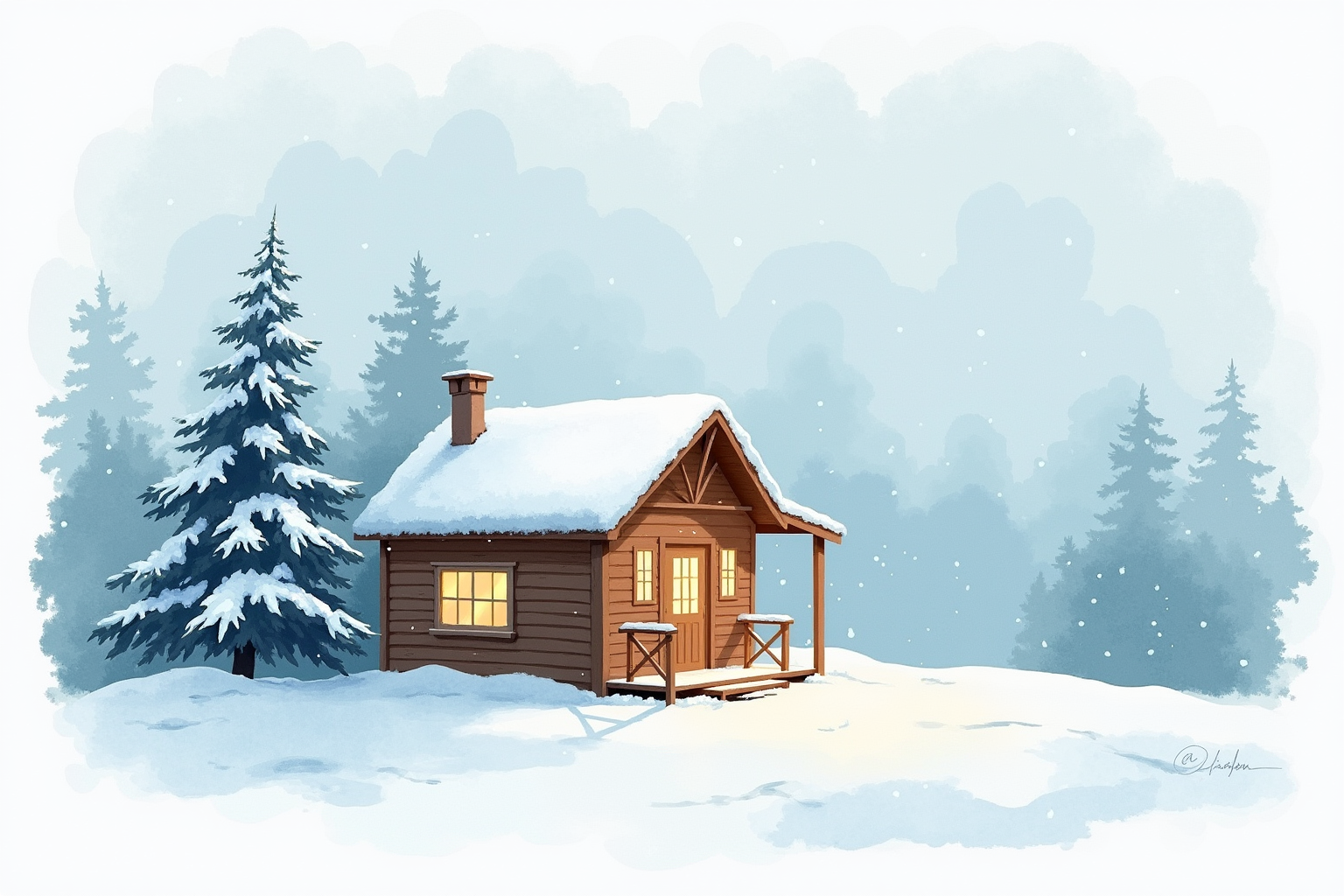Winter cabin exterior with snow gently falling