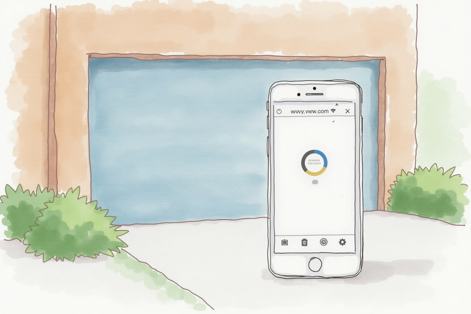 Smartphone screen showing home automation interface beside a garage door