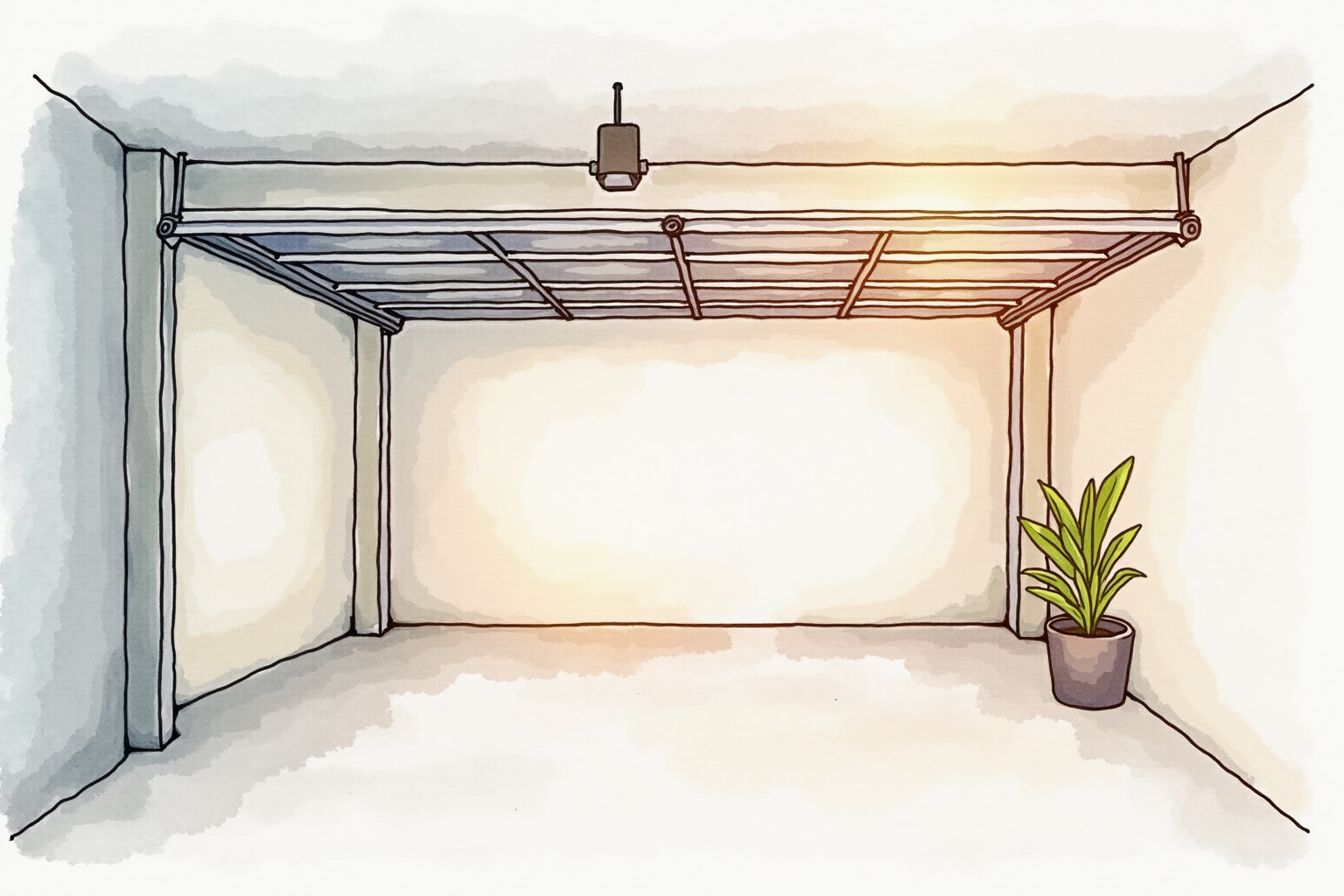 Residential garage interior with a smart hub device on the ceiling