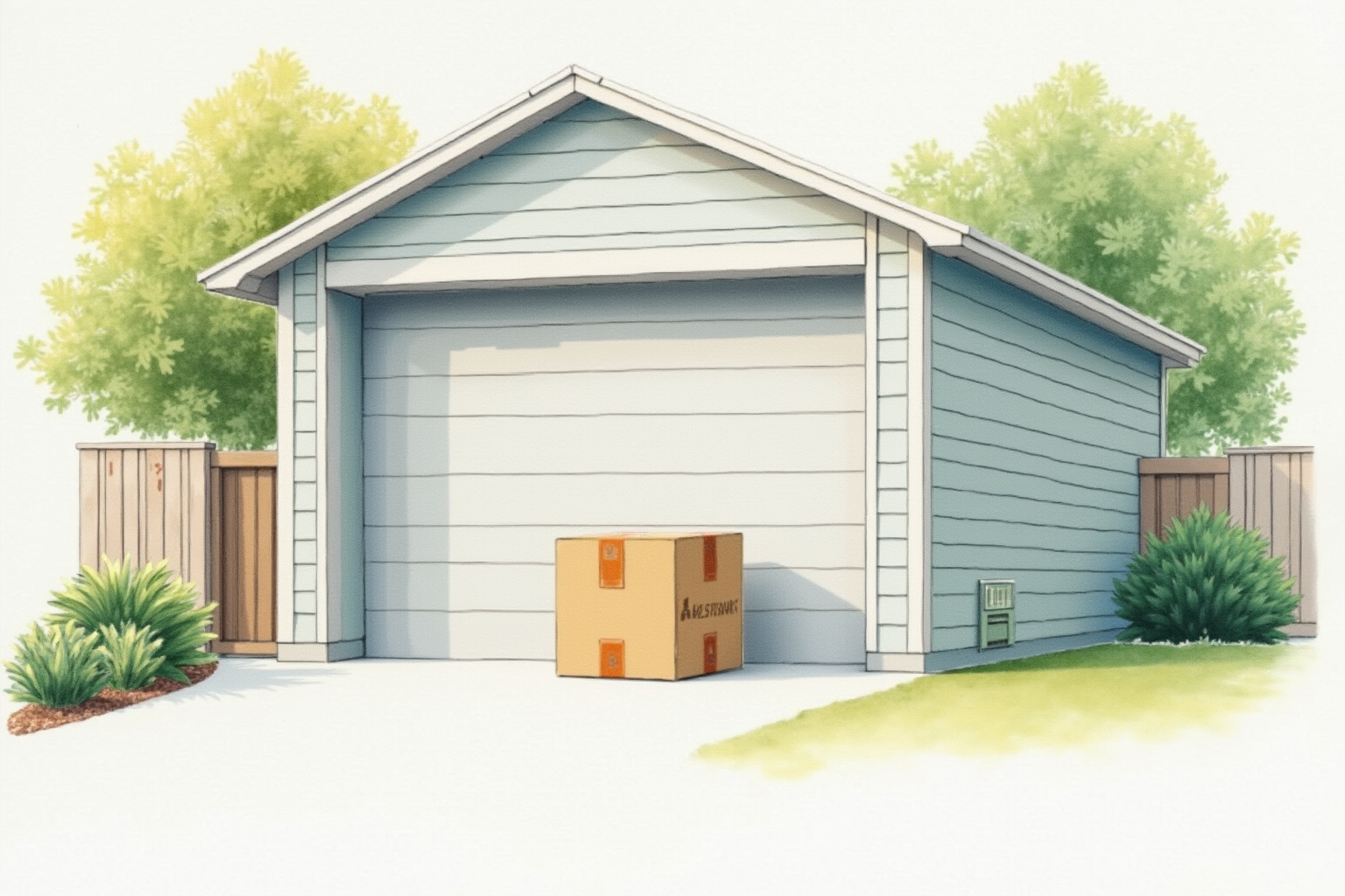 Delivery package being placed just inside an open garage