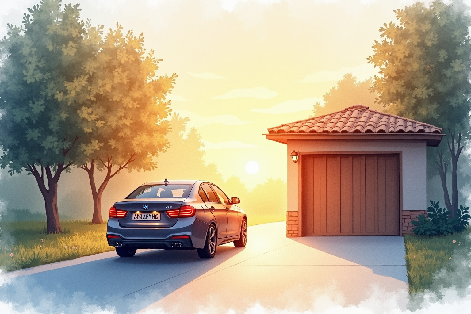 Car approaching home with garage opening automatically